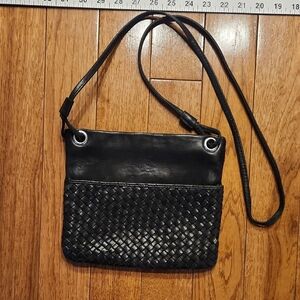MargOT Black Leather Woven Crossbody Bag Adjustable Strap Zip Closure